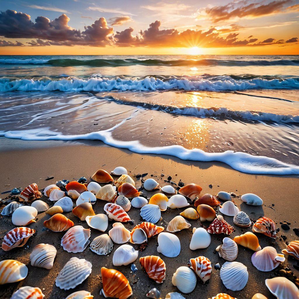 A stunning coastal scene showcasing a variety of shellfish laid out on a sandy beach, with glistening ocean waves gently crashing in the background. Include vibrant seashells, a tide pool brimming with life, and a golden sunset casting a warm glow on the surface. The image should evoke a sense of treasure hunting and natural beauty, highlighting the premium delights of the tidal bay. surrealistic. vibrant colors. white background.