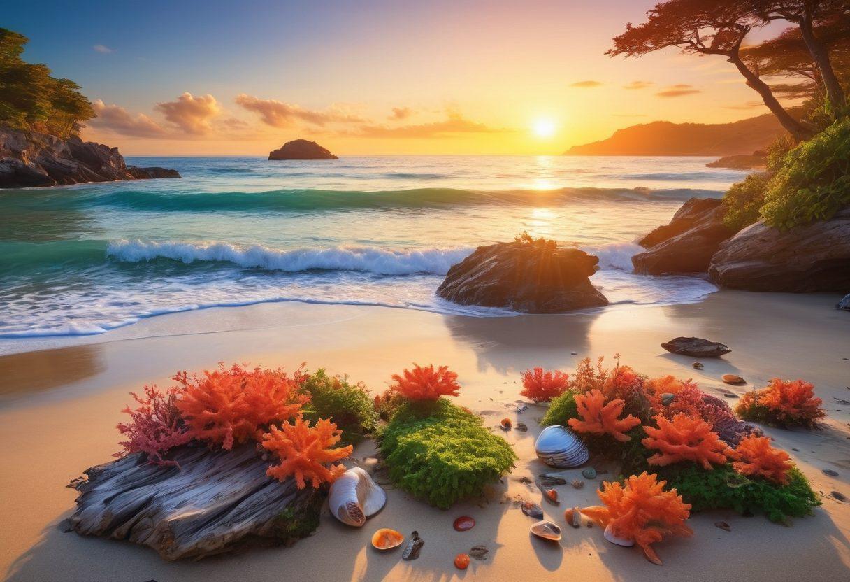 A picturesque coastal bay at sunrise with vibrant coral reefs and playful dolphins jumping above the water. Colorful marine life like clownfish and sea turtles swimming among the rich seaweed, while shiny premium shellfish like oysters and clams are nestled on the sandy shore. Gentle waves lapping at the beach adorned with seashells and driftwood, invoking a sense of tranquility and adventure. super-realistic. vibrant colors. 3D.