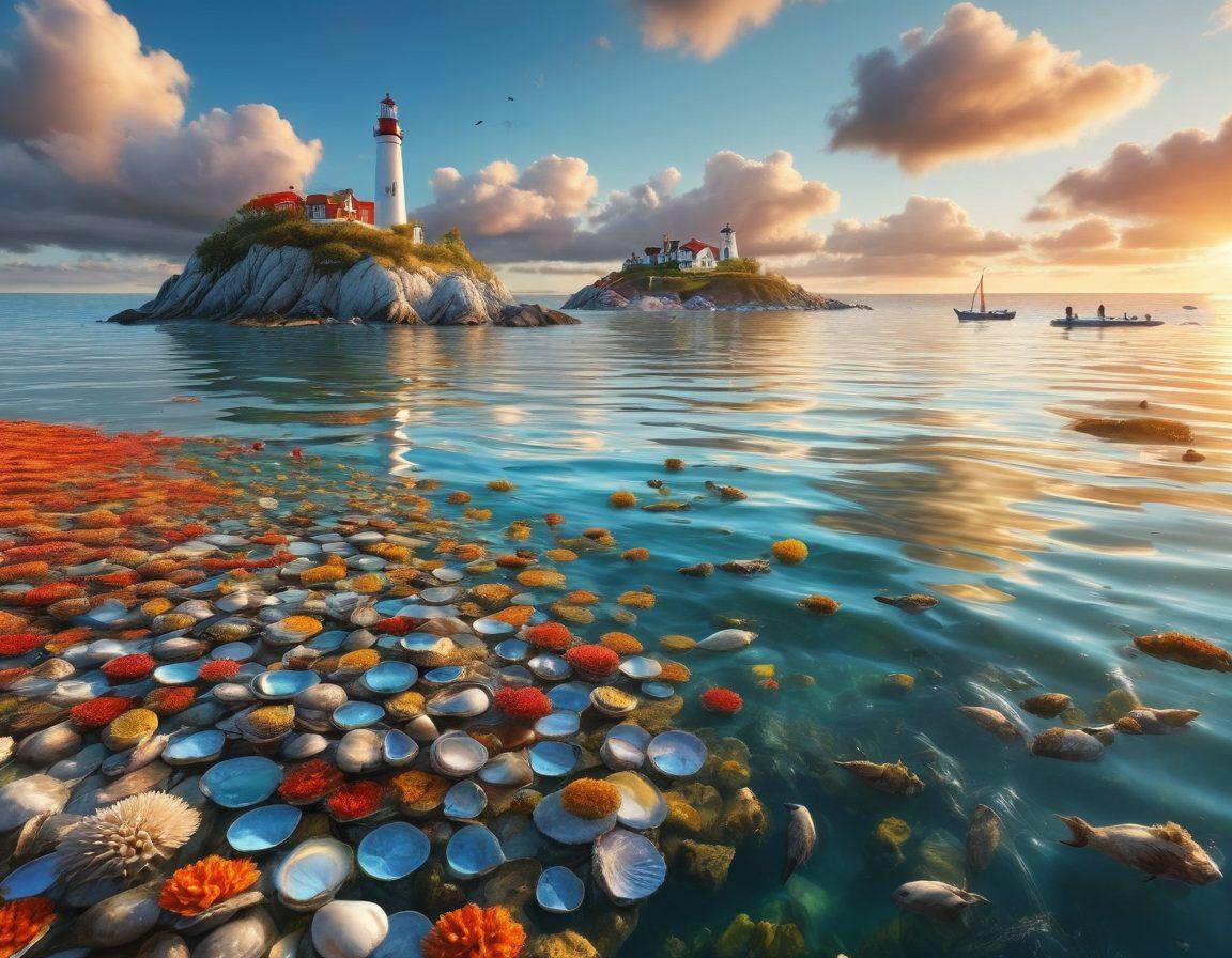 A breathtaking seaside landscape featuring colorful oyster beds teeming with life, surrounded by vibrant marine flora. Show explorers kayaking and observing wildlife, with sparkling blue waves and golden sunlight filtering through fluffy clouds. Include playful seals and a picturesque lighthouse in the background, capturing the essence of adventure and nature. super-realistic. vibrant colors. 3D.